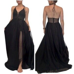 Blondie Nites Applique Halter Mesh Gown Dress Black Size 5 Whimsigoth Witchy